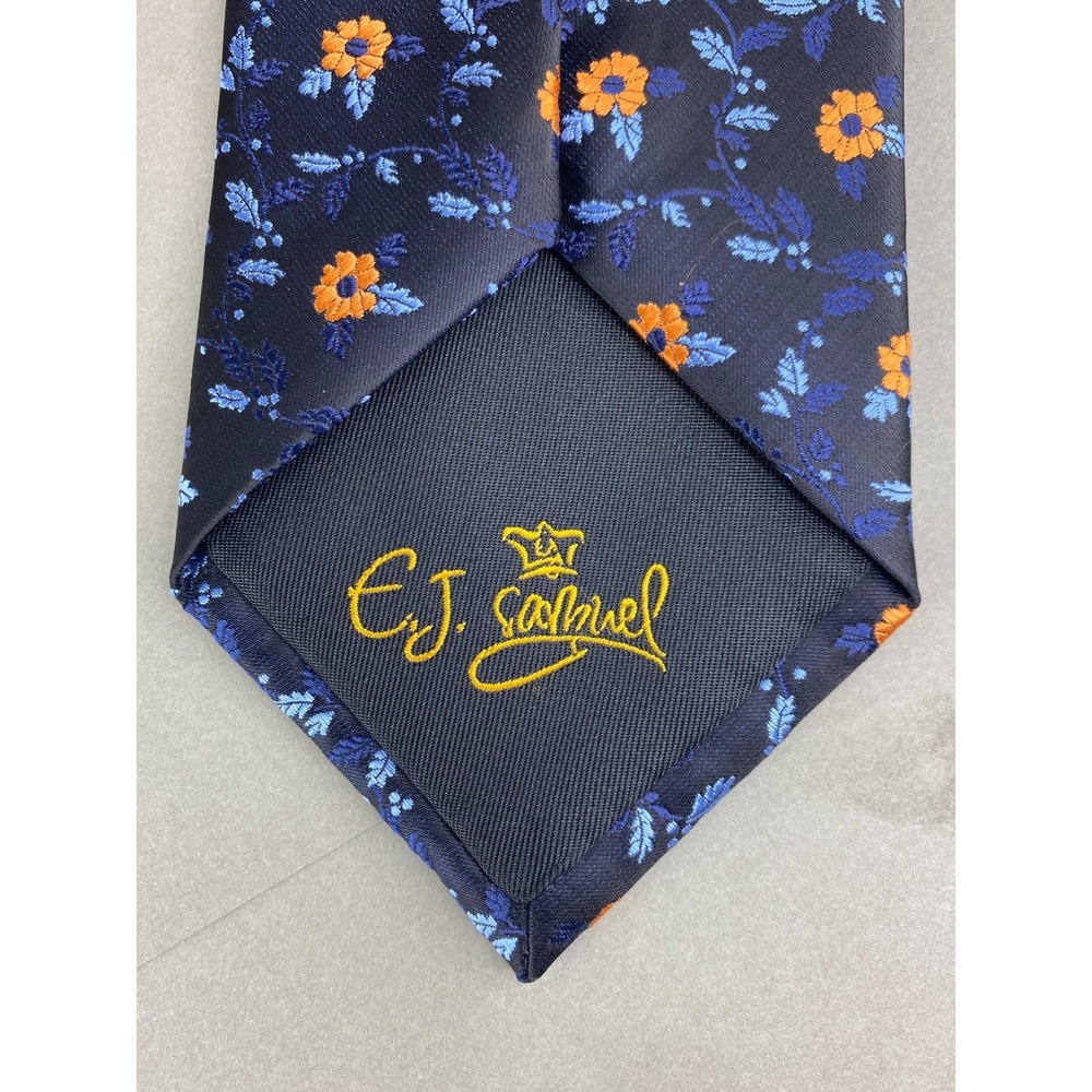 E.J. Samuel Mens Tie Floral Striped Navy Orange Microfiber Formal Long 60x3.5 - Picture 7 of 9